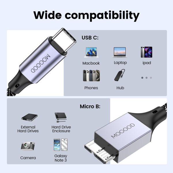 Cable MOGOOD USB C a Micro B 0.5M, USB 3.0 Tipo C a Micro B para Disco Duro Externo, Compatible con Toshiba, Seagate, WD, Galaxy S8 S9 S10 y más Embalaje Deteriorado Supply